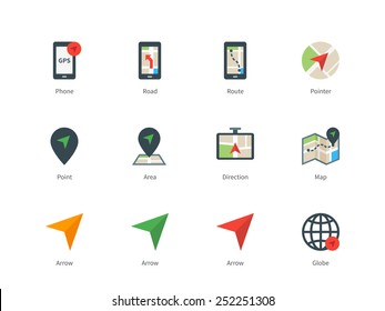 Pictogram collection of navigation and direction, phone with GPS, road, route, map and arrows. Flat design style color icon set. Isolated on white background.