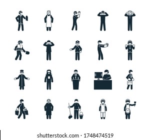 pictogram construction worker and essential workers icon set over white background, silhouette style, vector illustration