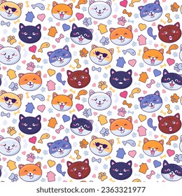 Pictogram of cute faces of pet cats and their hobbies. Red tabby kitten smiles, winks his owner. Food, treats, home and care. Ornament for printing on fabric, cover and packaging