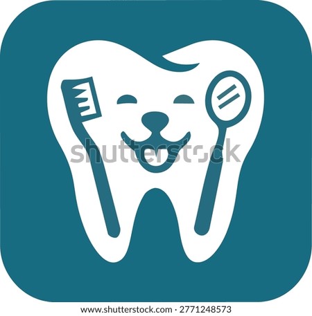 Pictogram design featuring tooth silhouette with dog face toothbrush and dental mirror illustrating professional pet oral hygiene teeth cleaning and dental treatment for animal health clinics.