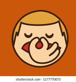 pictogram with dissatisfied blond man pinches his nose in disgust because something smells bad, simple colored emoticon, circle shaped vector emoji in color, ball like personage with thick outlines