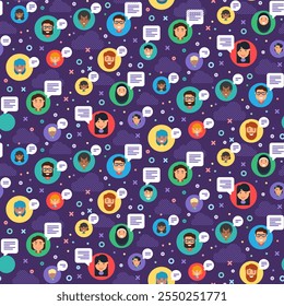 Pictogram of diverse community symbols for everyday tasks seamless pattern. Users of social networks of different nationalities in messengers. Vector Ornate for printing on fabric, cover and packaging