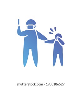 pictogram doctor with mouth mask and syringe and sick kid standing over white background, gradient style, vector illustration
