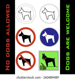 pictogram - Dog allowed and not allowed, black dog on round and square bases in white, red, blue and green