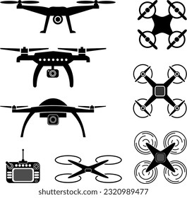 Pictogram of drone and its remote control on isolated clear background