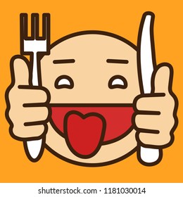 pictogram with drooling hungry guy that is ready to eat & sticking his tongue out with fork and knife in his hands, simple colored emoticon, circle shaped vector emoji in color