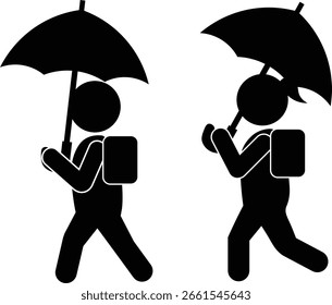 A pictogram of an elementary school student walking to school with an umbrella on a rainy day