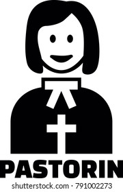 Pictogram of a female pastor wearing a priestly robes with german job title