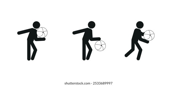  pictogram of the figure of a man with a ball, sketch, stick man with a ball, healthy lifestyle, flat vector illustration, on a highlighted white background