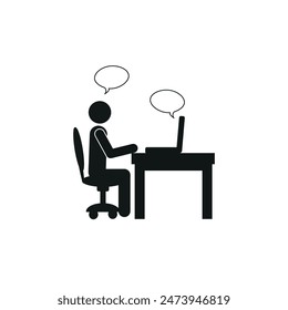pictogram of the figure of a person sitting at a desk, online interview, distance learning, communication, conference, flat vector illustration
