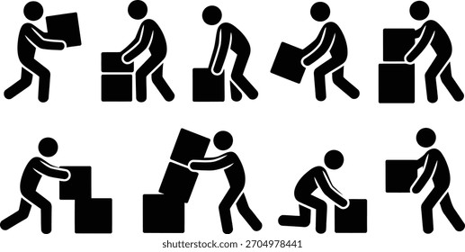 Pictogram Figures Lifting Boxes Moving, Delivery, and Manual Labor Illustration with Black Silhouette Style.eps
