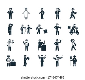 pictogram fireman and essential workers icon set over white background, silhouette style, vector illustration