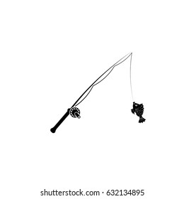 Pictogram fishing rod with fish icon. Black icon on white background.