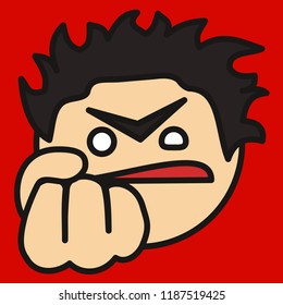 pictogram with furious & angry guy that shows a fist which means he's going to punch you in the face & kick your ass, simple colored emoticon, circle shaped vector emoji in color