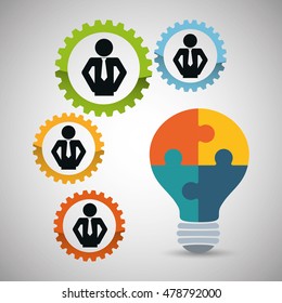 pictogram gears bulb puzzle teamwork support collaborative cooperation work icon set. Colorful design. Vector illustration