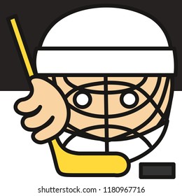 pictogram with goalkeeper that caught a hockey puck with a stick, hockey keeper wearing protective mask with grille ready to strike back, illustration about winter sport, simple colored emoticon