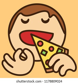 pictogram with gourmet that is tasting a piece of hot pepperoni pizza with extra cheese, meat, pepper & olives with great pleasure & showing italian bellissimo gesture, foodie eating a tasty food