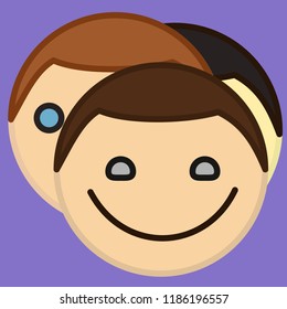 pictogram with a group or crowd sign with three guys, simple colored emoticon, circle shaped vector emoji in color, ball like personage with thick outlines, funny cartoon character from a set