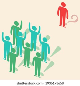 Pictogram of group of people telling and explaning to one person. communication and understanding concept. Vector illustration.