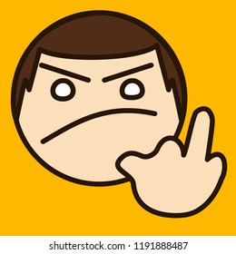 pictogram with grumpy guy that shows explicit middle finger gesture, simple colored emoticon, circle shaped vector emoji in color, ball like personage with thick outlines