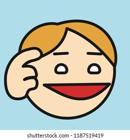 pictogram with guy that is doing finger to temple gesture that means think before you type or use your head or even don't be stupid, simple colored emoticon, circle shaped vector emoji in color