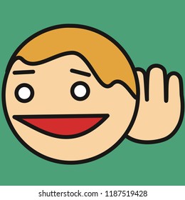 pictogram with guy that is overhearing the conversation or listening to someone talking or just spying, simple colored emoticon, circle shaped vector emoji in color, funny cartoon character from a set
