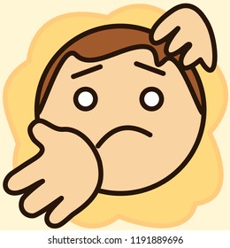 pictogram with guy that is shrugging his shoulders and showing that he has no idea about something, simple colored emoticon, circle shaped vector emoji in color, funny cartoon character from a set