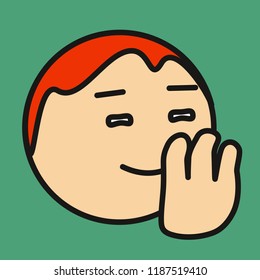 pictogram with guy that is spreading rumors by whispering to someone's ear, simple colored emoticon, circle shaped vector emoji in color, ball like personage with thick outlines