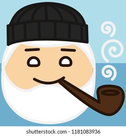 pictogram with happy aged sea wolf, experienced fisherman captain of fishing boat with strong beard wearing a knitted hat smokes pipe with curly smoke, simple colored emoticon, primitive vector art