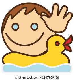 pictogram with happy boy that is swimming in a water pool on an inflatable rubber duck while holding his palm high in a greeting gesture, man saying hi or hello while having a bath