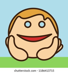 pictogram with happy guy that daydreams while propping his head up with hands & lying at the grass, simple colored emoticon, circle shaped vector emoji in color, funny cartoon character from a set