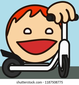 pictogram with happy kick scooter rider that is riding at the city street outdoors, simple colored emoticon, circle shaped vector emoji in color, ball like personage with thick outlines