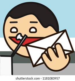 pictogram with happy man that is holding an envelope with message, guy getting incoming letter or mail from his mailbox, simple colored emoticon, circle shaped vector emoji in color