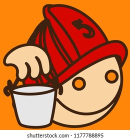 pictogram with happy retro fireman or firefighter at work fighting the fire with water bucket wearing a safety helmet or casque, simple colored emoticon, circle shaped vector emoji in color