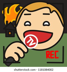 pictogram with happy TV reporter w. microphone that is reporting in live from disaster site, breaking news report about burning house w. roof on fire, emoji with vintage camera REC border inside frame