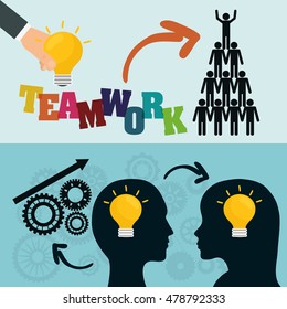 pictogram heads gears bulbs teamwork support collaborative cooperation work icon set. Colorful design. Vector illustration