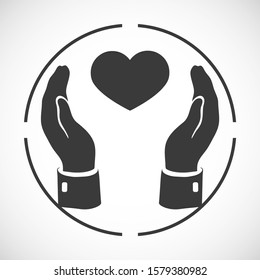 Pictogram of heart in hands icon. two hands hold a heart. love is warm. Heart in a safe place. heart and love vector 10 eps.
