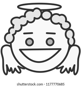 pictogram with holy smiling angel or curly cupid with halo above its head & wings on its back & a wide smile, simple colored emoticon, circle shaped vector emoji in color