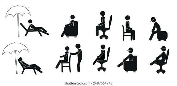 a pictogram of a human figure in different poses, a person sitting on a chair, on an armchair, on a computer chair, resting on a chaise longue