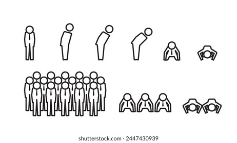  Pictogram of a human figure, set of apology poses of a businessman wearing a tie, line width variable