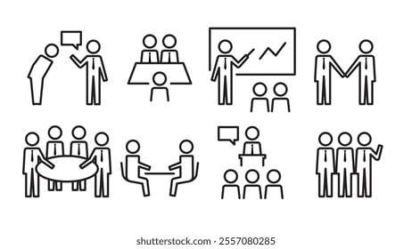 Pictogram of a human figure, set of meetings of a businessman wearing a tie, line width variable