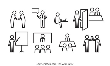 Pictogram of a human figure, set of meetings of a businessman wearing a tie, line width variable