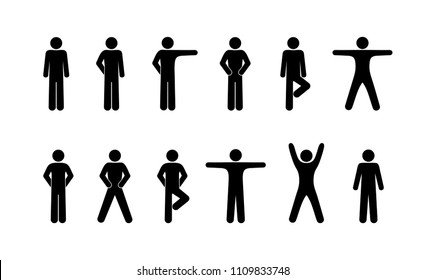 pictogram human gymnast, man movement icons, poses and exercises for fitness, stick figure human silhouettes