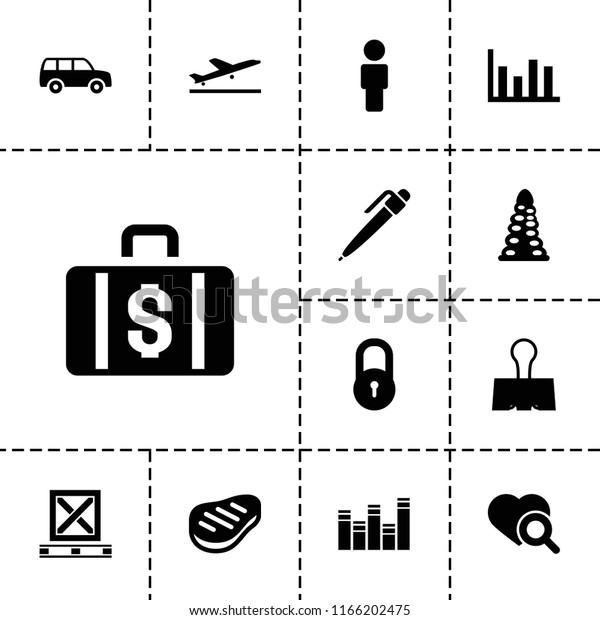 Pictogram icon.\
collection of 13 pictogram filled icons such as plane taking off,\
lock, tunnel, heart search, user, paper clamp. editable pictogram\
icons for web and\
mobile.