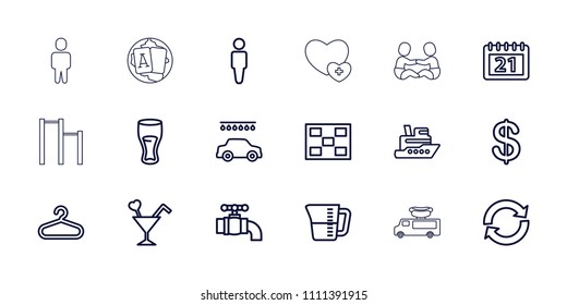 Pictogram icon. collection of 18 pictogram outline icons such as hanger, man, coin, car wash, ship, drink, cocktail, reload. editable pictogram icons for web and mobile.