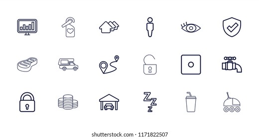 Pictogram icon. collection of 18 pictogram outline icons such as lock, house, man, dice, zzz, distance, eye, shield, chart. editable pictogram icons for web and mobile.