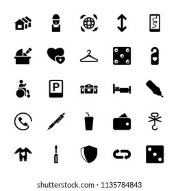 Pictogram icon. collection of 25 pictogram filled icons such as dice, worker, screwdriver, wallet, pen, bed, no cargo warning. editable pictogram icons for web and mobile.