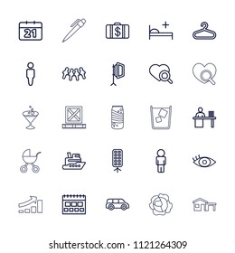 Pictogram icon. collection of 25 pictogram outline icons such as hanger, man, money case, calendar, ship, car, children. editable pictogram icons for web and mobile.