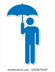 Pictogram, icon of a man holding an umbrella with white rim and shadow.