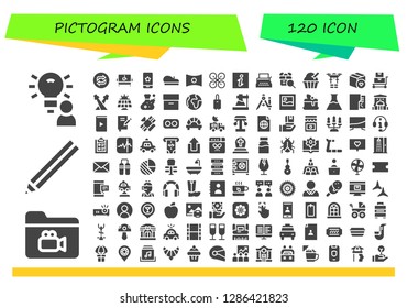  pictogram icon set. 120 filled pictogram icons. Simple modern icons about  - Idea, Folder, Pencil, Loop, Disabled, Smartphone, Beret, Panorama, Drone, Information, Typewriter